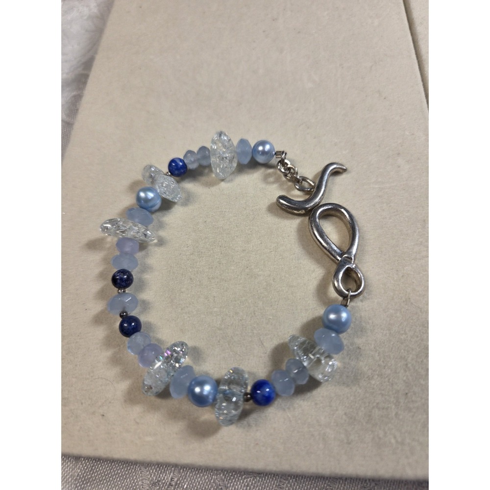Artisan 925 Sterling Silver Bracelet Lapis Aquamarine Pearl Quartz Beaded 7.5"